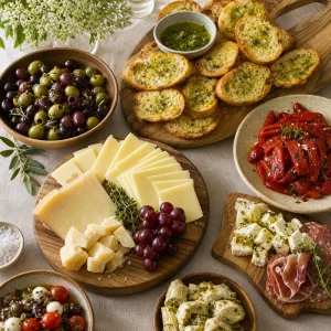 Queijo, azeitonas, pimentos vermelhos assados e crostini em tábuas de aperitivo separadas