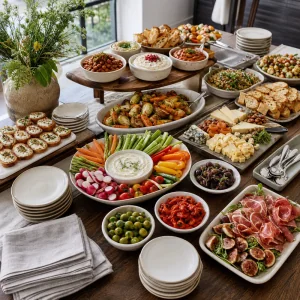 Mesa completa de buffet de aperitivos com pratos pequenos, guardanapos e utensílios de servir