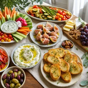 Buffet elegante de aperitivos e acompanhamentos com crostini, patês, crudités, figos com presunto, legumes assados, queijo e azeitonas