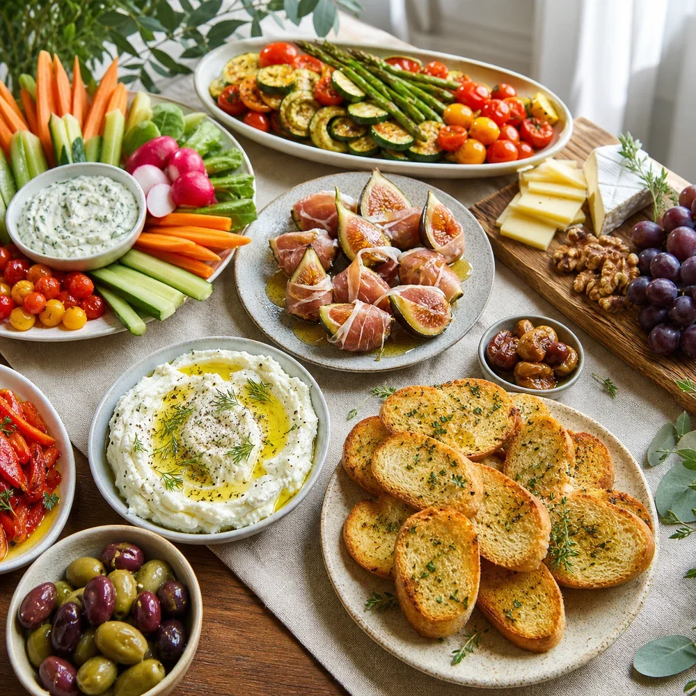 Buffet elegante de aperitivos e acompanhamentos com crostini, patês, crudités, figos com presunto, legumes assados, queijo e azeitonas