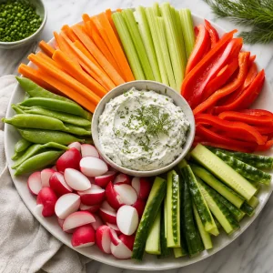 Crudités de legumes frescos dispostos à volta de um dip de queijo creme com ervas
