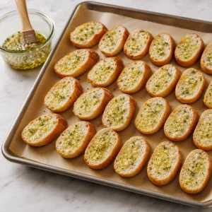 Fatias douradas de crostini de alho numa assadeira pinceladas com azeite