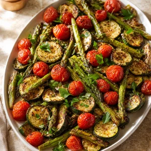Curgete, tomate-cereja e espargos assados com azeite e ervas frescas