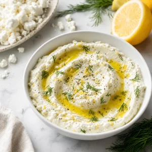 Dip de feta batida com endro, raspa de limão e azeite numa taça