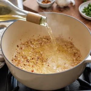 White wine deglazing toasted risotto rice