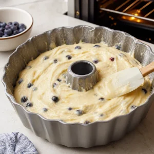 Blaubeer-Zitronen-Teig vor dem Backen in der Bundtform glatt gestrichen