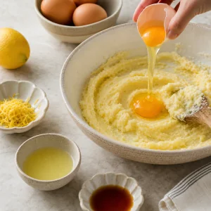 Eier, Vanille, Zitronenschale und Zitronensaft werden zur Creme gegeben