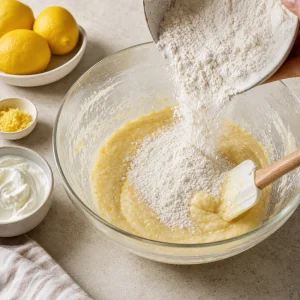 Mehlmischung und griechischer Joghurt werden unter Zitronenteig gehoben
