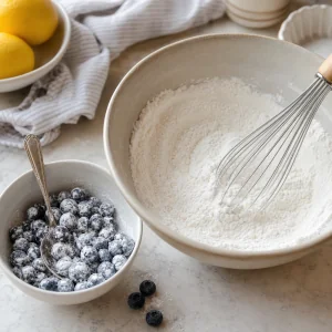 Mehlmischung wird verquirlt, waehrend Blaubeeren leicht mit Mehl bestaeubt sind