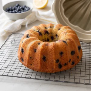 Unglasierter Zitronen-Blaubeer-Bundt-Kuchen kuehlt auf einem Gitter ab