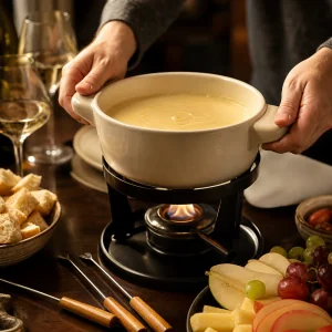 Fondue pot set on a stand over a low flame to keep cheese warm