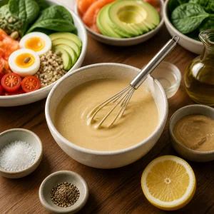 Kremowy dressing cytrynowo-tahini ubity w malej ceramicznej misce
