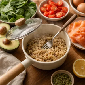 Spulchniona quinoa w rondelku z pobliskimi skladnikami miski