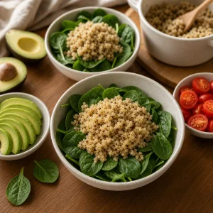 Miski ze szpinakiem i ciepla quinoa obok awokado oraz pomidorow