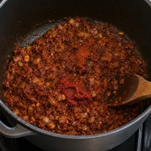 Berbere and tomato paste stirred into the onion base