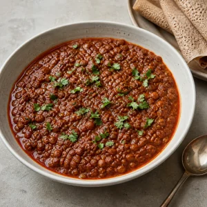 Bowl of Ethiopian red lentil stew with herbs and injera