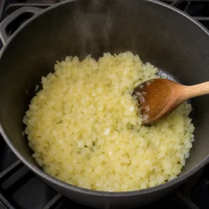 Chopped onions softening in a dry heavy pot