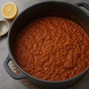 Finished lentil stew resting with lemon beside the pot