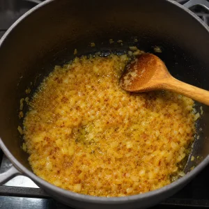 Golden onions cooking in oil in a heavy pot