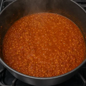 Red lentil stew simmering in a heavy pot