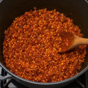 Red lentils stirred into the spiced onion mixture
