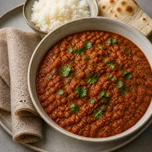 Served misir wat with herbs, injera, rice, and flatbread