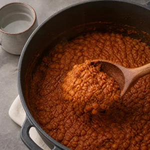 Thick red lentil stew mounded on a spoon