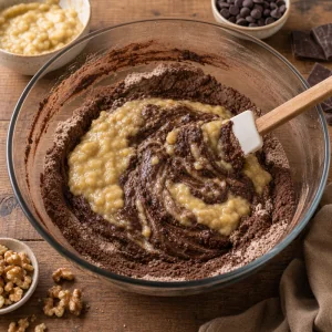 Melange banane incorpore aux ingredients secs cacao