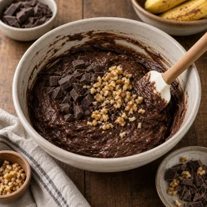 Morceaux de chocolat et noix incorpores a la pate foncee