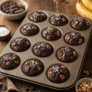 Gros sel saupoudre sur muffins chocolat chauds