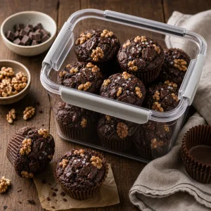 Muffins chocolat banane refroidis dans une boite hermetique