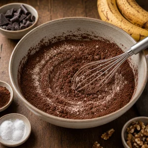 Melange farine cacao noir fouette dans un bol