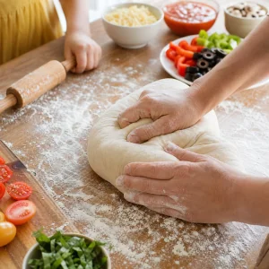 Pizza dough being kneaded on a floured surface until smooth and elastic