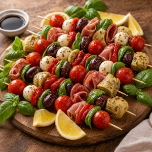 Platte mit Antipasti-Spiessen, Basilikum, Zitrone und Balsamico-Glasur