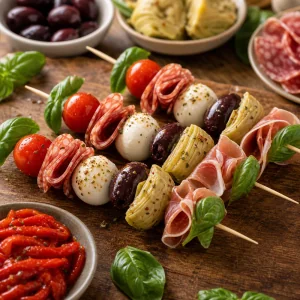 Antipasti-Spiesse mit Tomaten, Kaese, Aufschnitt und Oliven