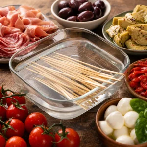 Bambusspiesse weichen neben Antipasti-Zutaten in Wasser ein