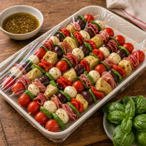 Abgedeckte Antipasti-Spiesse mit Basilikum und Dressing daneben