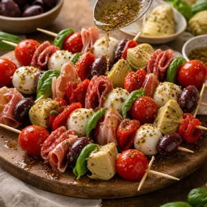 Dressing wird ueber fertige Antipasti-Spiesse getraeufelt