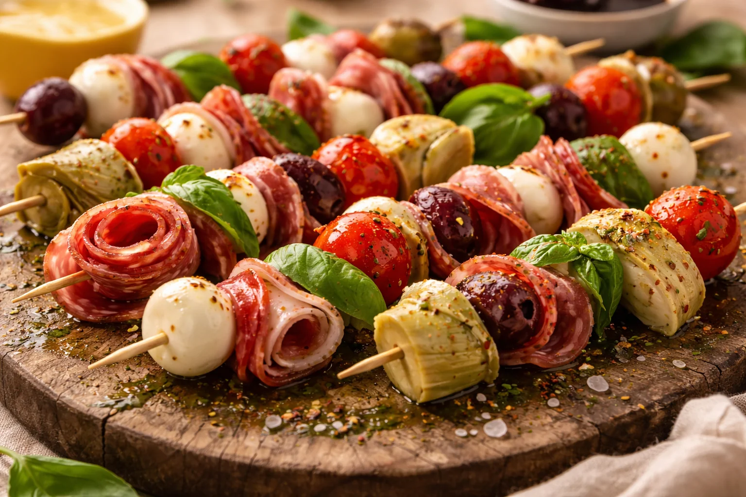 Espetadinhas antipasto festivas com queijos e charcutaria