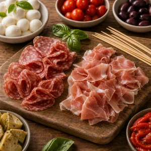 Gefaltete Salami- und Prosciutto-Baender bereit fuer Spiesse