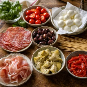 Mozzarella und Antipasti-Zutaten liegen auf einem Holzbrett bereit
