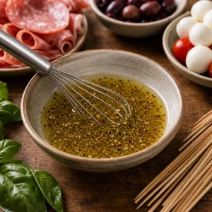 Oregano-Vinaigrette wird in einer kleinen Schale verquirlt