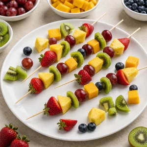 Colorful fruit pieces threaded onto bamboo skewers