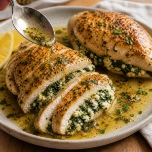 Baked stuffed chicken breasts served with pan juices