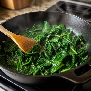 Fresh spinach wilting in olive oil in a skillet