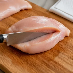 Raw chicken breast being cut to make a stuffing pocket