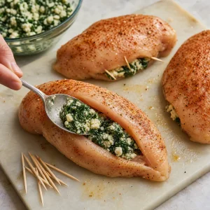 Spinach and feta filling spooned into seasoned chicken breasts