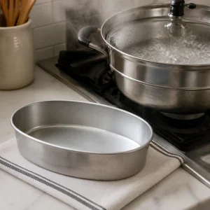 약하게 끓는 물이 있는 찜기 옆의 빈 llanera 틀