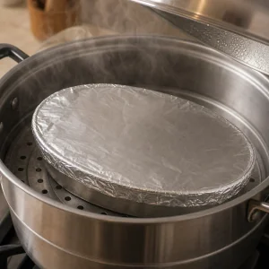 냄비 안에서 찌고 있는 포일로 덮은 llanera 틀