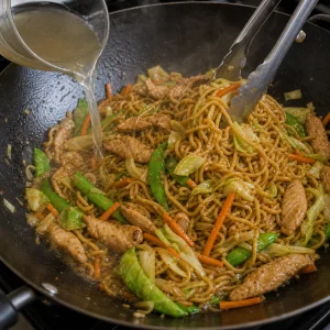 Broth poured into pancit canton noodles as they soften in a wok